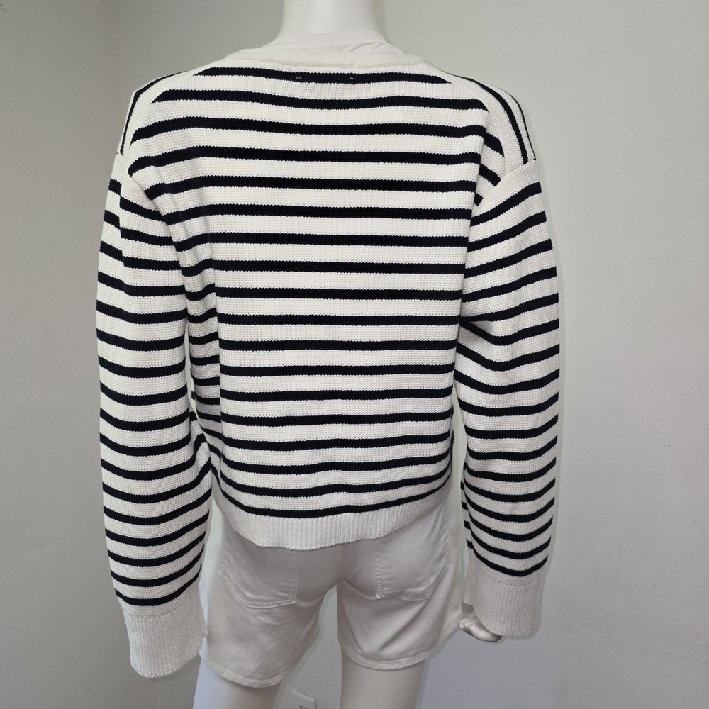 J Crew Emile Cardigan Lady Knit Jacket Size M White Navy Stripe Preppy Womens - Picture 2 of 8